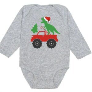 Sweet Wink - Santa Dino Monster Truck Christmas Long Sleeve Bodysuit - Gray